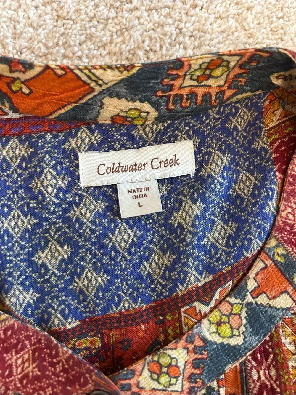 Coldwater Creek Patchwork Button-Down Shirt in Red, Orange, Blue - Picture 2 of 4